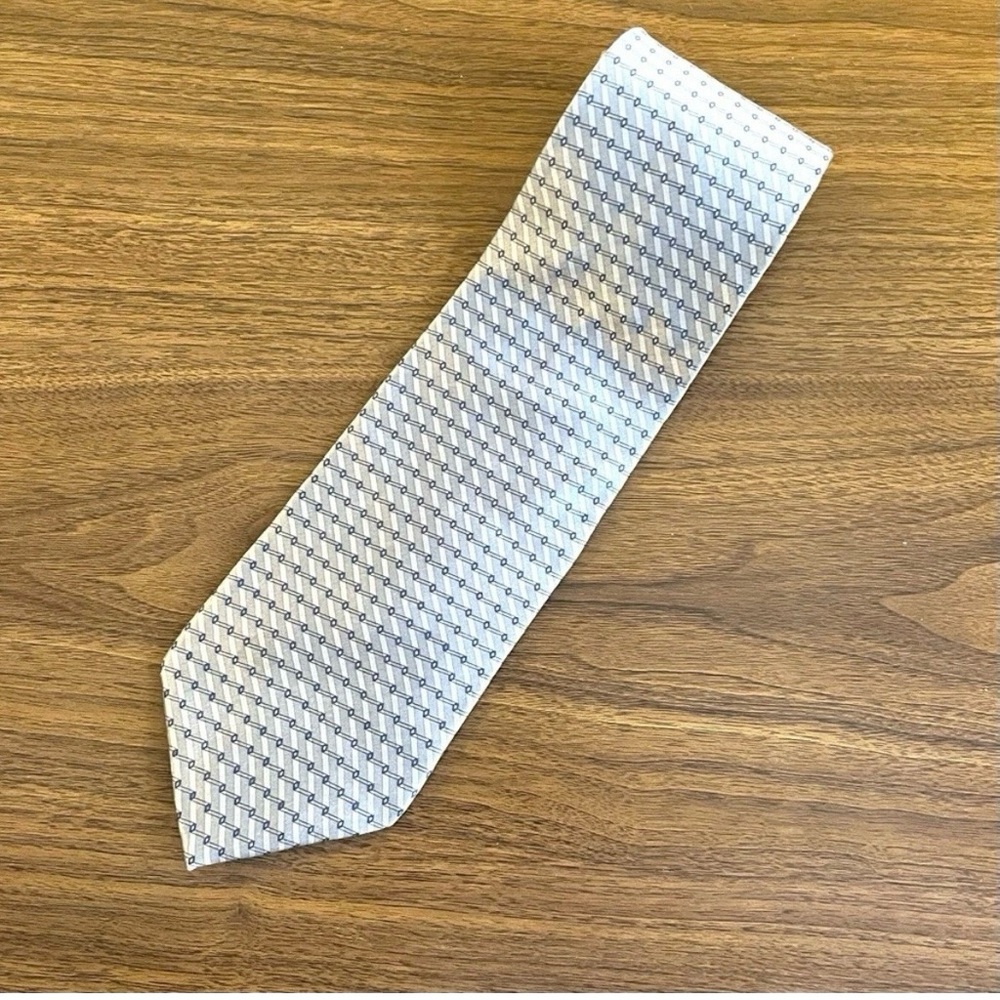 Vintage Zylos Gold George Machado Men's Gray Silver Blue Geometric Silk Necktie